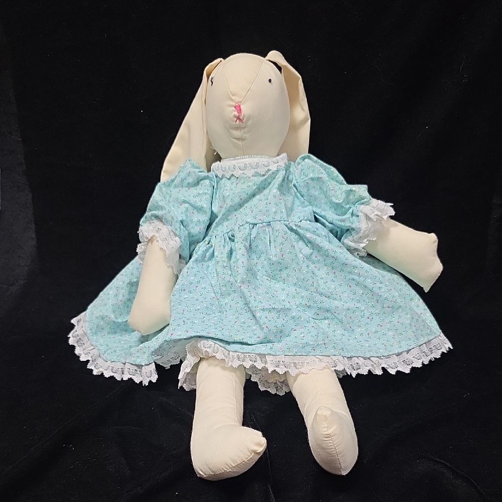 Stuffed Bunny with Charming Cream and Blue Prairie Style Dress and Pantaloons